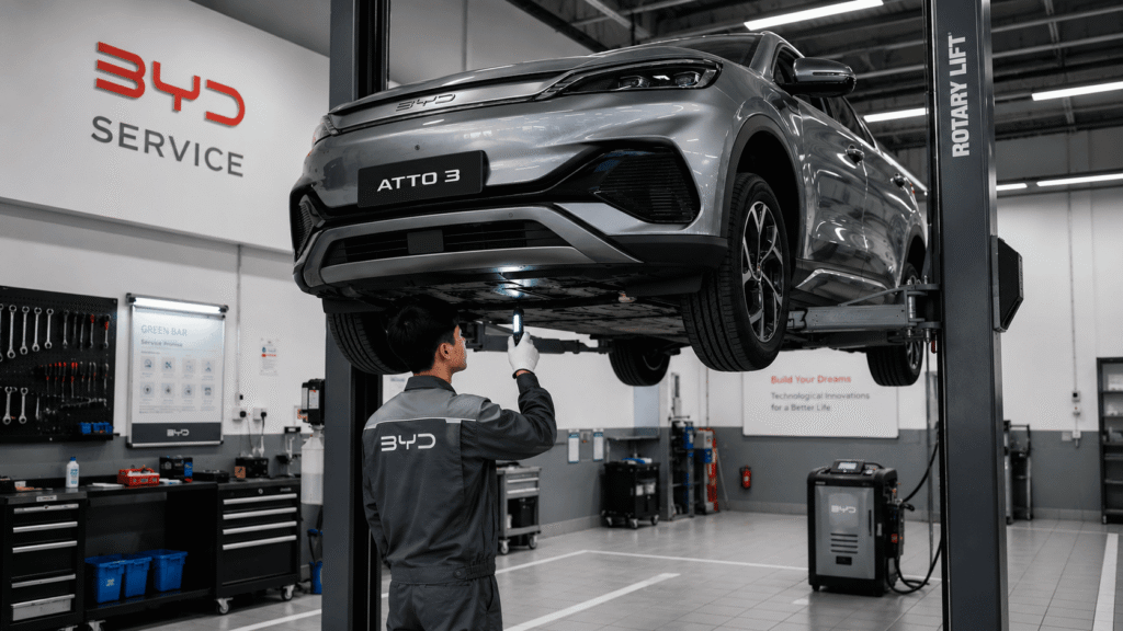 Kỹ thuật viên BYD đang kiểm tra xe Atto 3 trên cầu nâng tại xưởng dịch vụ