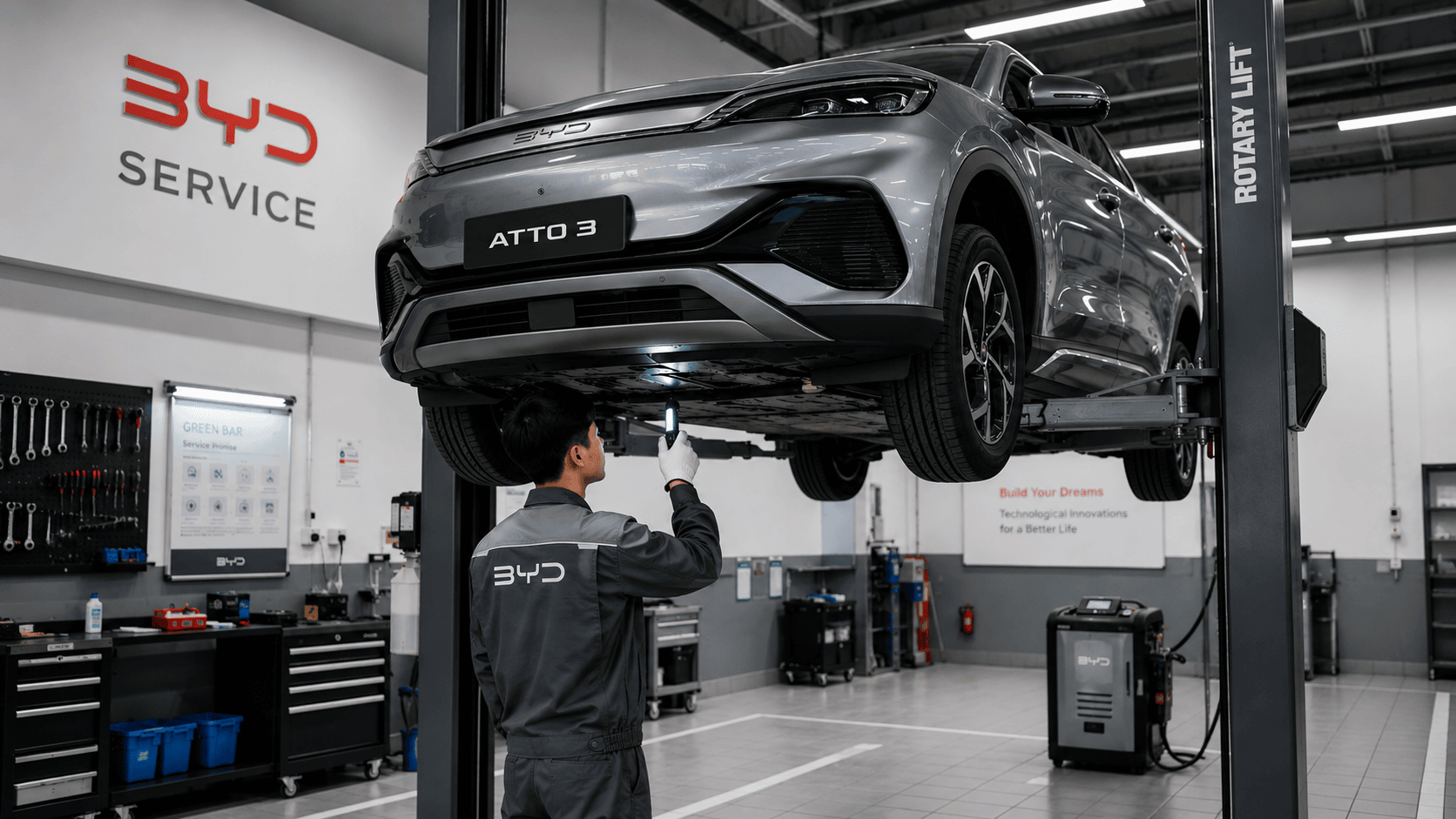 Kỹ thuật viên BYD đang kiểm tra xe Atto 3 trên cầu nâng tại xưởng dịch vụ