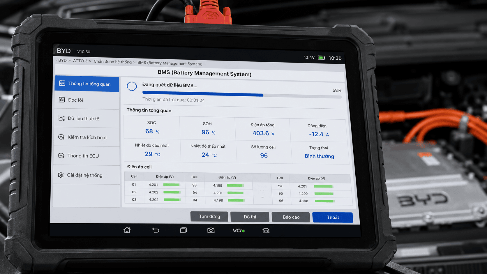 Màn hình máy chẩn đoán đang quét dữ liệu BMS pin